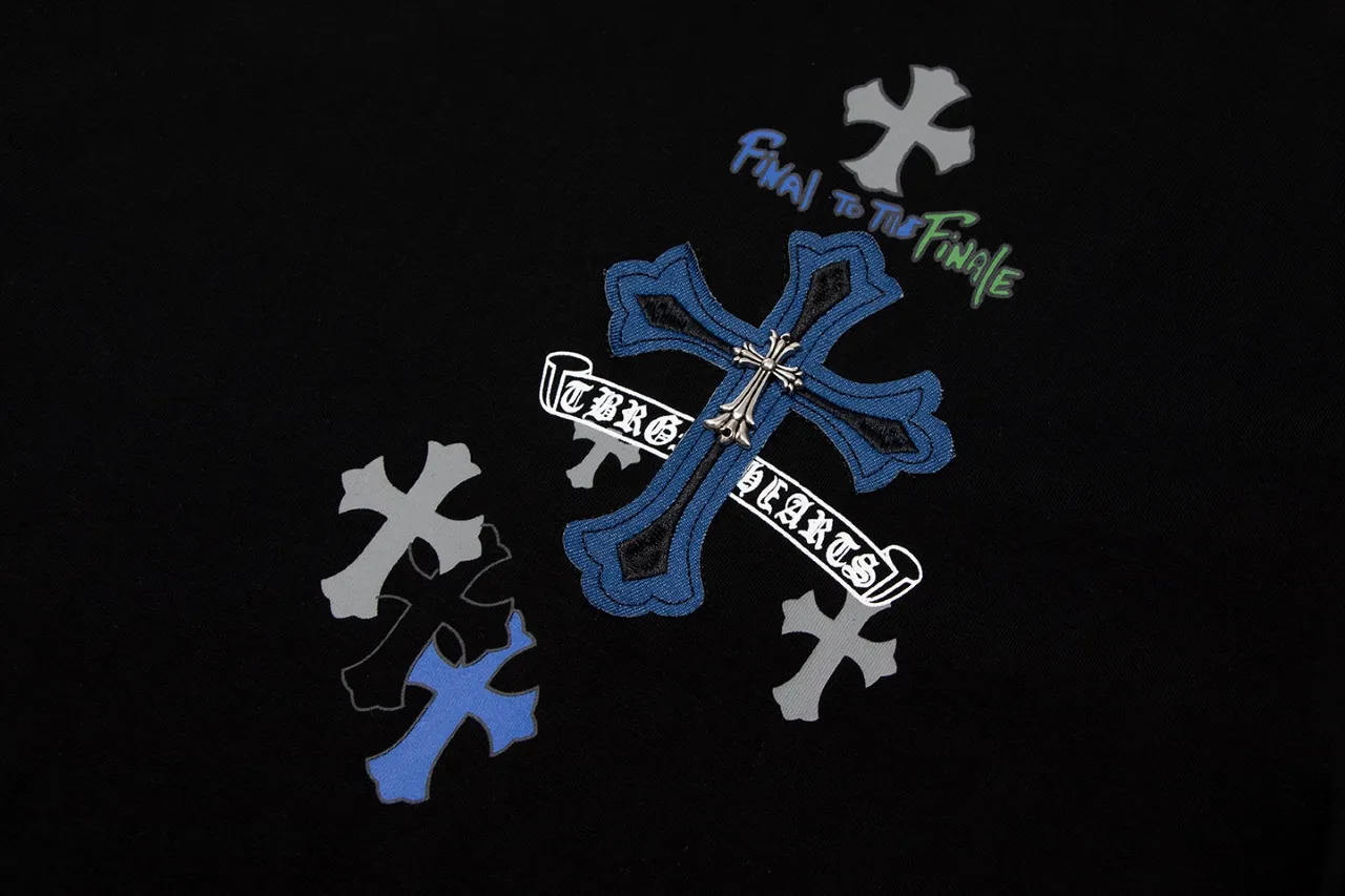 P170 Chrome Hearts Chrome Hearts Cross Metallic Denim Splicing Short Sleeves Size: SMLXL Color: White Black